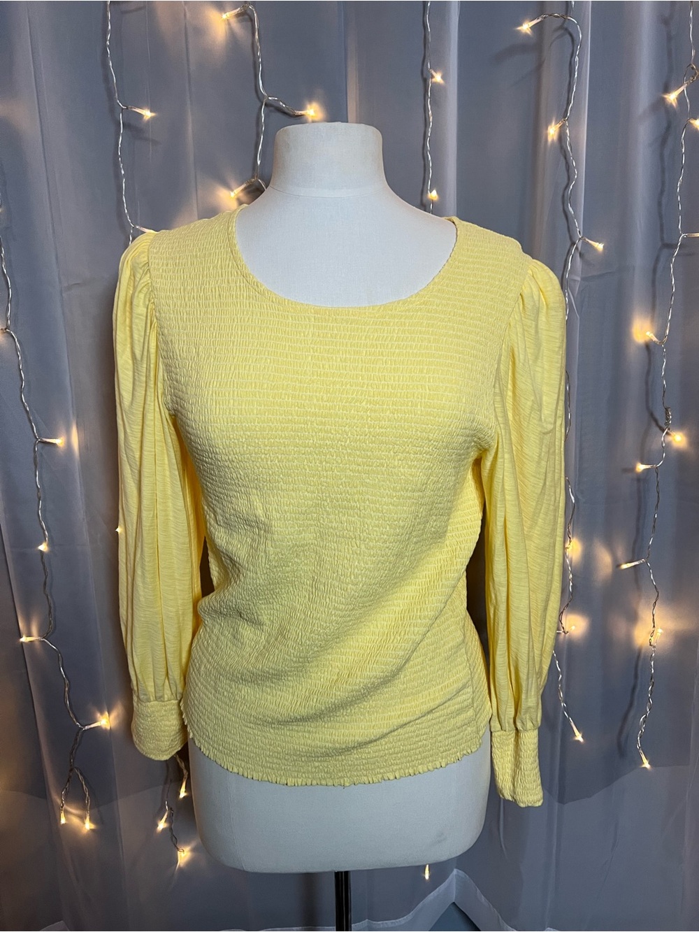 NATION Long sleeve Shirred top Yellow w/ Puff Sleeves Size L
